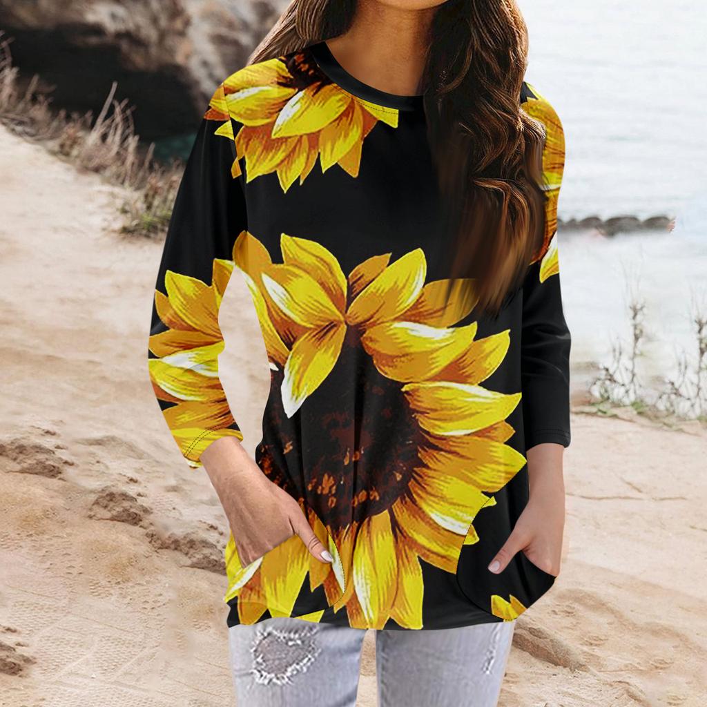 Women's Fashion Casual Round Neck Print 3/4 Sleeve Pocket T-Shirt Top
