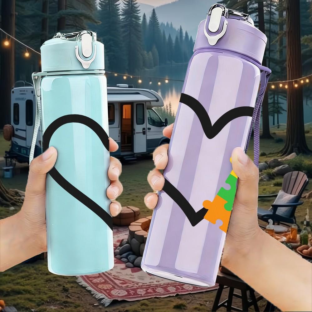 1PC Autism Puzzle Heart 750ml Color Plastic Sports Water Bottle Leakproof Flip Straw Lid Suitable for Sports Office Home Use