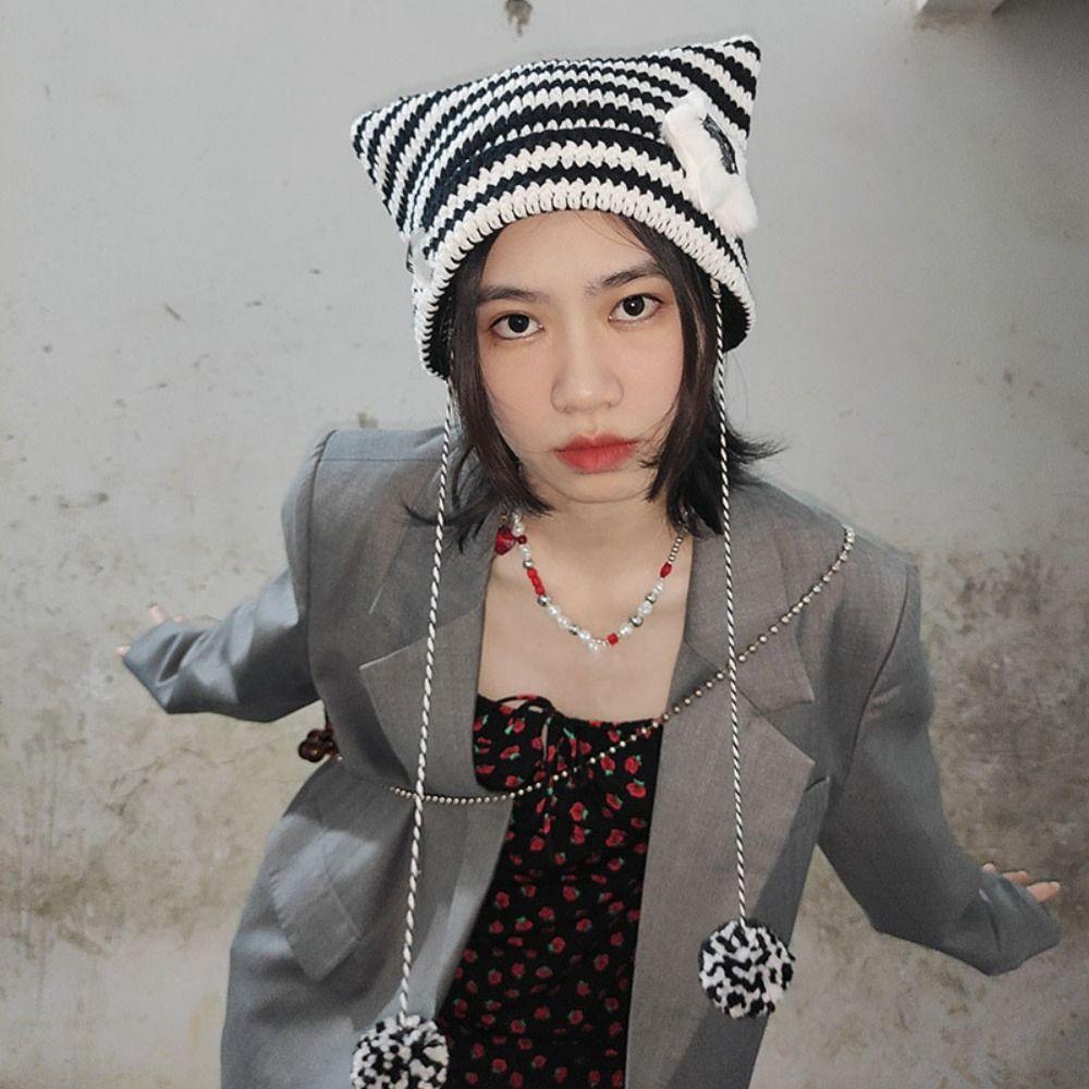 Striped Pullover Hat Y2K Cat Ear Hat Cute Star Knitted Beanie Hat Girl