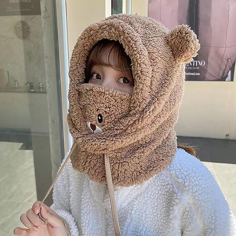 Cartoon Bear Ear Beanie Hat With Mask Warm Balaclava Winter Thickened Ear Protection Autumn Beanies For Women Girls