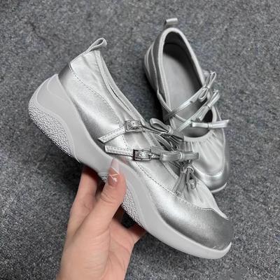 Туфли-лодочки Мэри Джейн на танкетке с квадратным носком, серебристые, женские туфли 2024 года, весенние туфли с пряжкой на ремне для женщин, Zapatos De Mujer