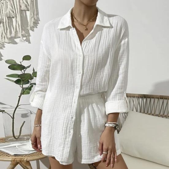 2 шт./компл., женская рубашка, комплект с шортами, однотонная однобортная блузка с длинными рукавами и воротником с лацканами, высокая талия, свободная выше