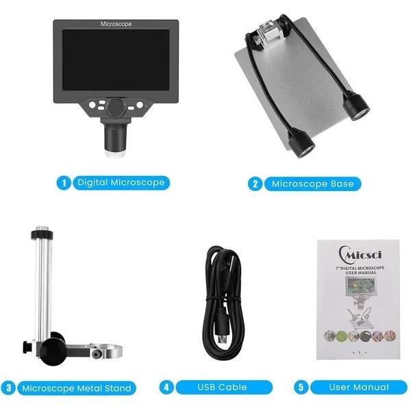 7-дюймовый цифровой USB-микроскоп с ЖК-дисплеем, увеличение 1200X, портативная камера 12MP 1080P, видеорегистратор, вид с ПК