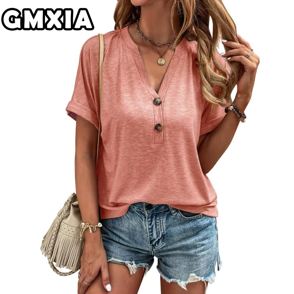 GMXIA Women's Fashion Casual Leisure Solid Color Print Short Sleeve V Neck Blouses & Shirts