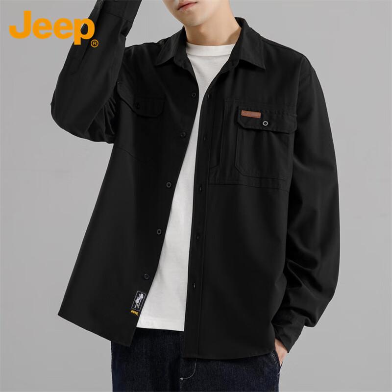 JEEP Men's Long-Sleeve Shirt, Casual Workwear Shirt Jacket, Loose-Fitting Clothing for Spring And Autumn, Black, 3XL