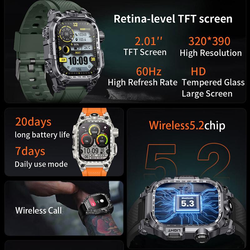 Новые многофункциональные квадратные уличные смарт-часы с большим экраном и фонариком, мониторингом здоровья, мужской спортивный браслет