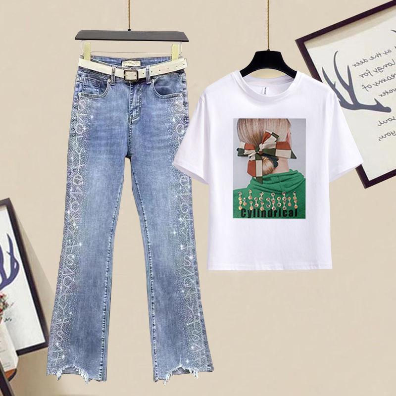 Летняя корейская версия свободного кроя с круглым вырезом, короткими рукавами и принтом + широкие джинсы, комплект из двух предметов для женщин