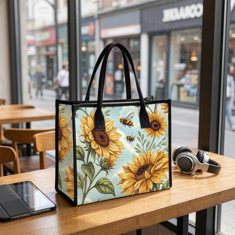 Sunflower Bee Printed Casual Tote Bag Fashion Portable Daily Use Handbag