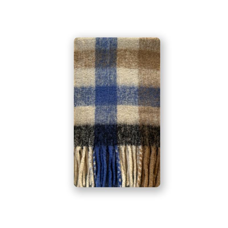 Wool Neutral Retro Blue Plaid Scarf Women's Winter Atmosphere Soft Waxy Wool Scarf