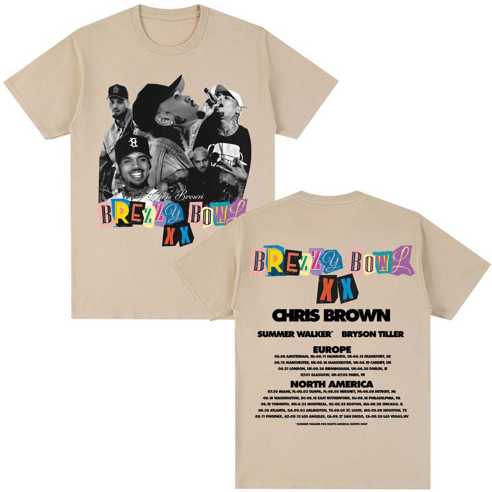 Rapper Chris Brown Album Tshirt Breezy Bowl XX Tour 2025 Hip Hop Vintage T Shirt Men Women Oversized Cotton Tshirts Streetwear