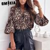 Осенняя свободная блузка с V-образным вырезом и леопардовым принтом Блузка женская