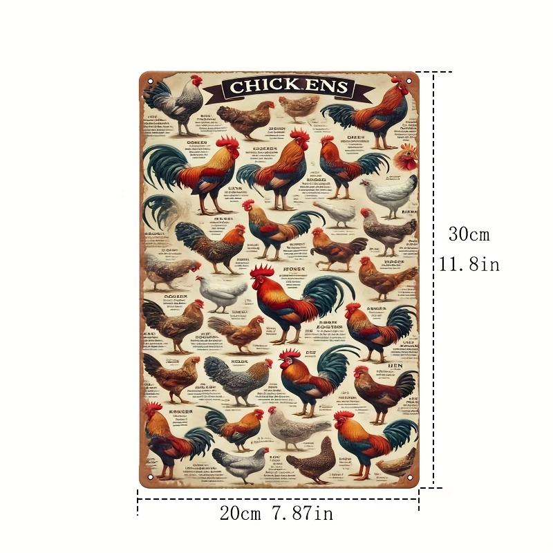 2D Плоский, 2D Настенное искусство - 1 шт., Полная иллюстрация пород кур - Винтажная металлическая жестяная картина, Художественное украшение, Легкая установка