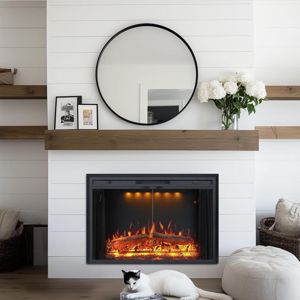 Valuxhome 35,63” Ш 27,5 В Электрический каминный вкладыш с настройками низкой/высокой температуры, подвижным сетчатым экраном и стеклянной дверцей, 1-9 ч