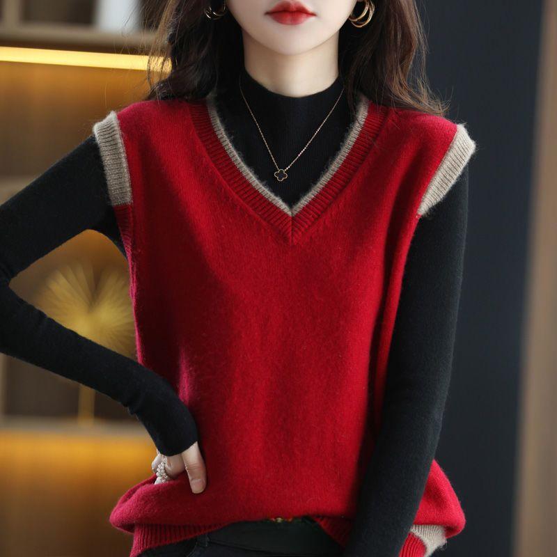 Вязаный свитер-жилет с V-образным вырезом, повседневный однотонный топ без рукавов для осени и зимы, женская одежда