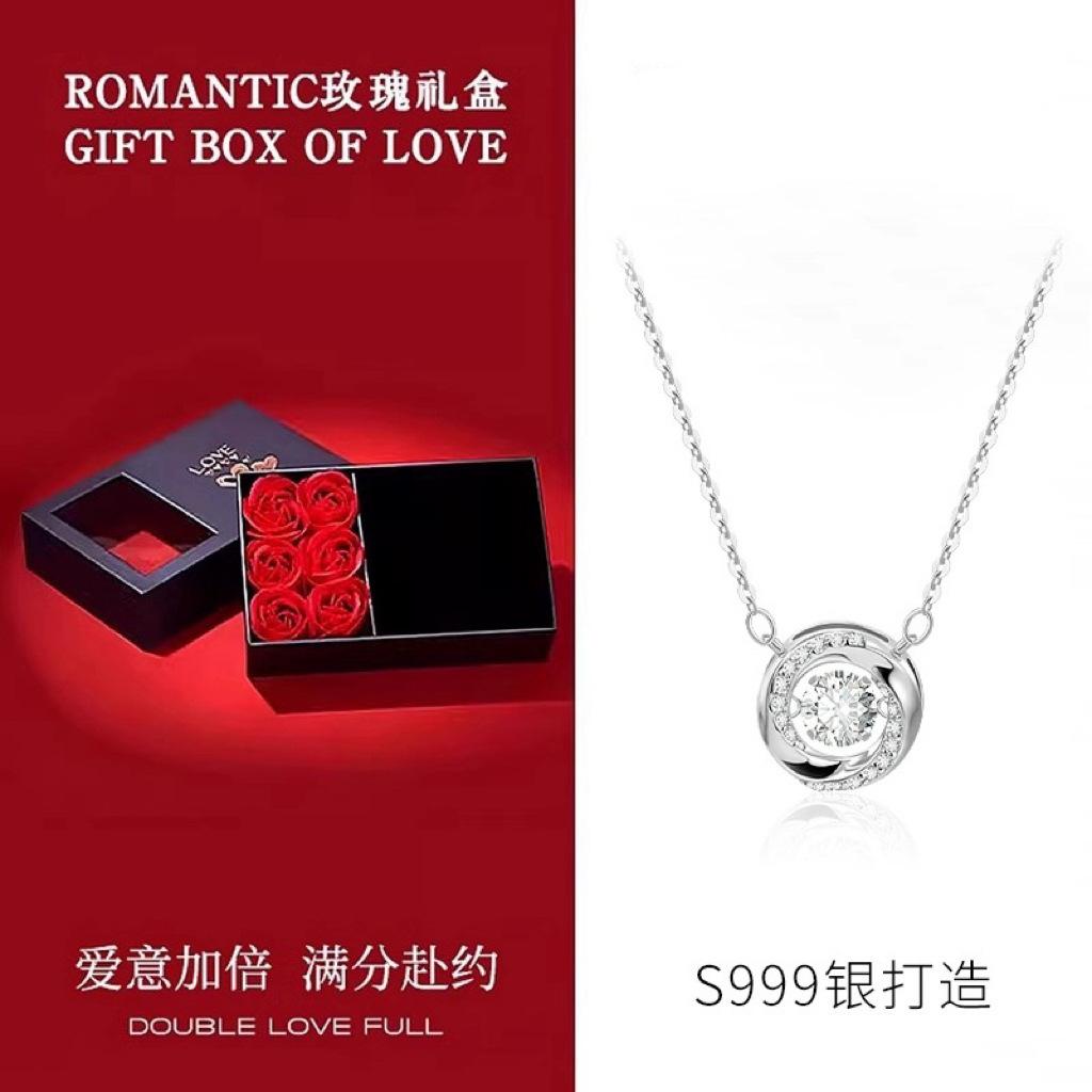S925 pure silver three-second heart sterling silver necklace pendant niche high-end design flash diamond collarbone chain for girlfriend gift