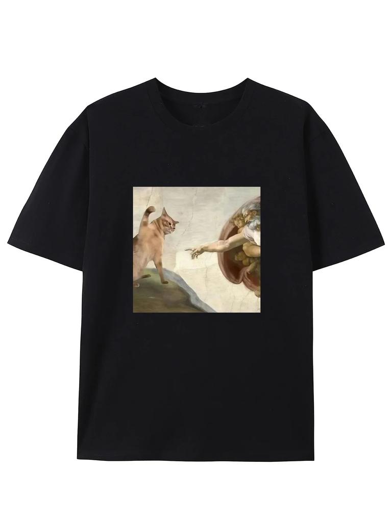 2025 Лето Юмористическая футболка с графическим принтом «Кот и сотворение Адама» Пародия Повседневная футболка с круглым вырезом, прилегающая, с коротким рукавом для взрослых, повседневный мужской топ