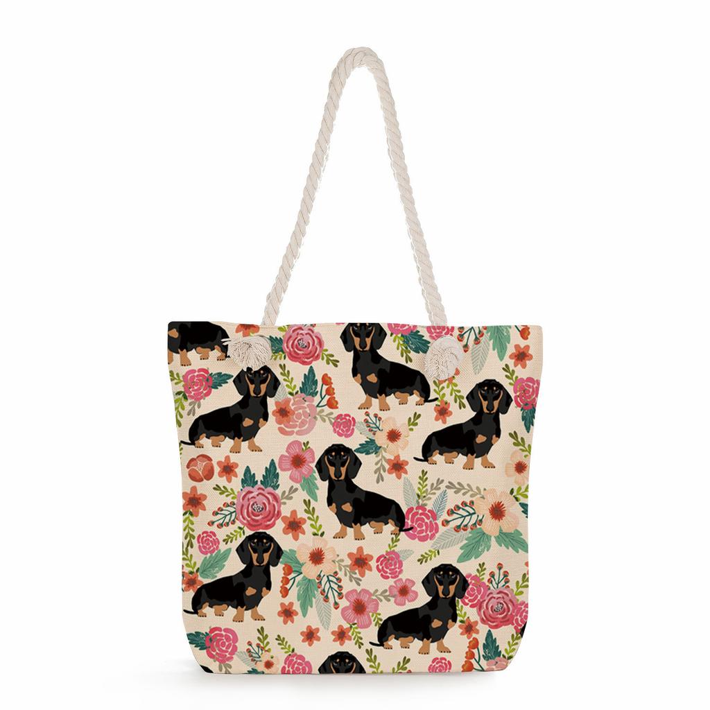 Sausage dog print thick rope single-shoulder beach bag 7284 CLE
