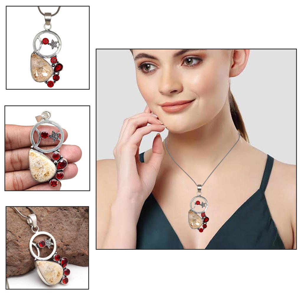 Fossil Coral Garnet Gemstone Mother's Day Silver Jewelry Pendant  2.75"