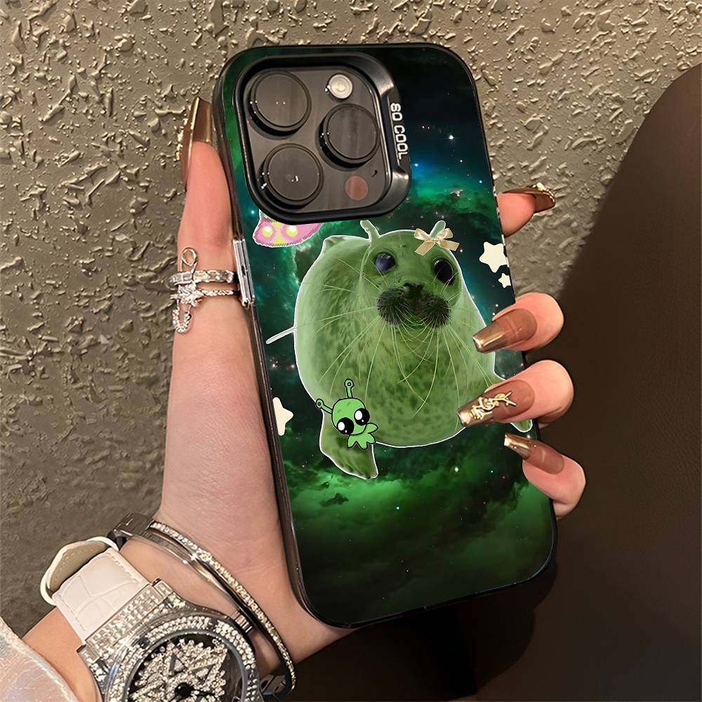 Чехол для телефона 'Тюлень и Морская Креветка' для iPhone 15,17,11,14,13,16,12,E,Max,Plus,Air,Pro,Mini, Черный Матовый