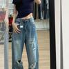New spring American ripped wide-leg jeans women's thin and drape loose high-waisted straight mopping pants