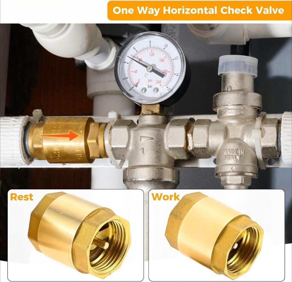 2pcs Brass Spring Check Valve 1/2 3/4 1 Inch NPT Female Thread Non Return One Way Horizontal Vertical In-Line Water Check Valve