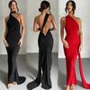Женское платье макси без рукавов сбоку на одно плечо, сексуальные длинные платья с открытой спиной на бретельках для пляжной вечеринки, вечернего выпускного вечера, женская одежда, черное платье