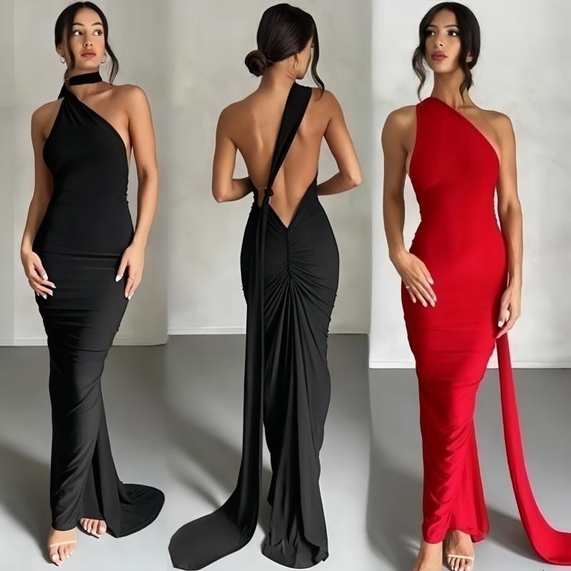 Женское платье макси без рукавов сбоку на одно плечо, сексуальные длинные платья с открытой спиной на бретельках для пляжной вечеринки, вечернего выпускного вечера, женская одежда, черное платье