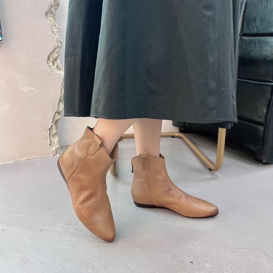 Johnature Женские полусапоги в стиле ретро, ​​однотонные туфли из натуральной кожи, ботильоны ручной работы с круглым носком на молнии сзади