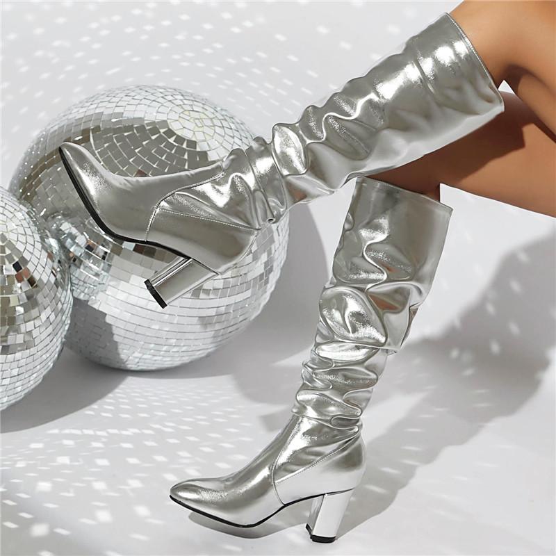 Женские сапоги на высоком каблуке осень и зима новые золотые простые темпераментные толстые каблуки большие размеры средние сапоги