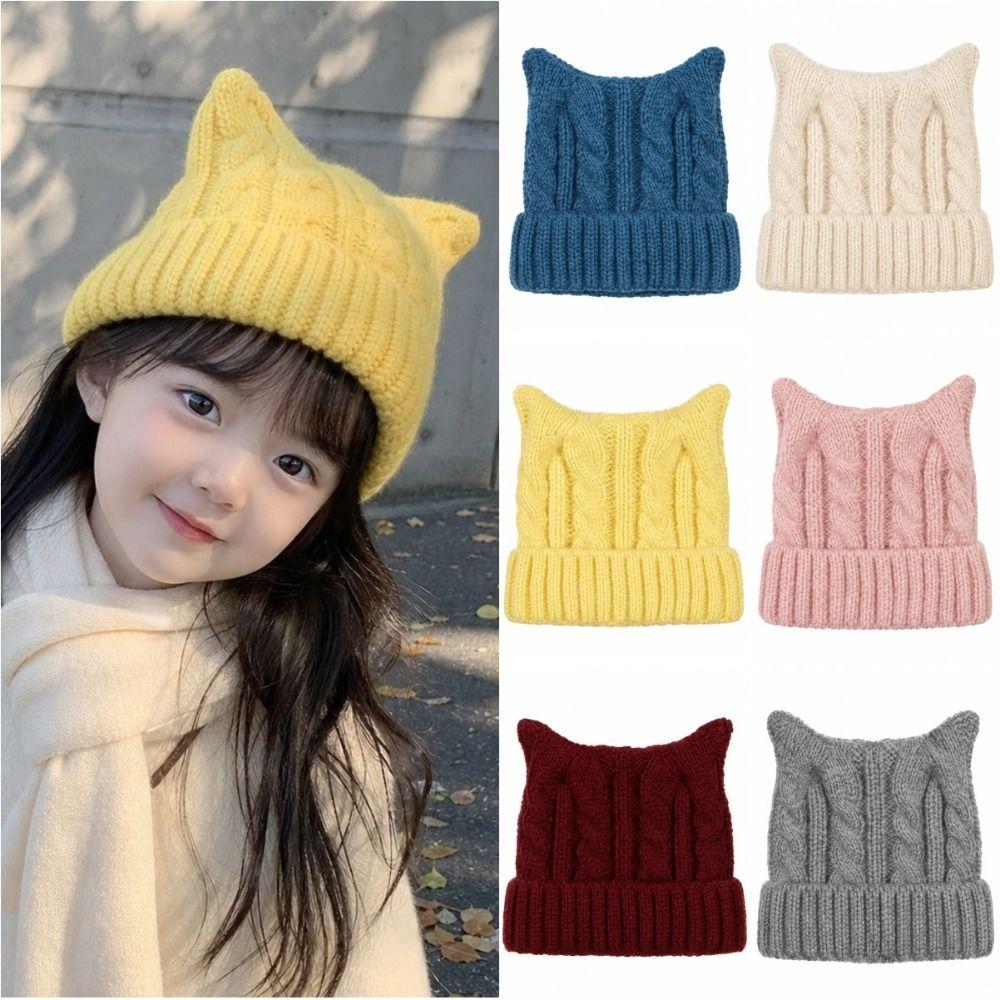 Cute Ears Kids Cat Ears Hats Solid Coloe Knitted Beanie Hat Comfortable Knitted Hats Kids