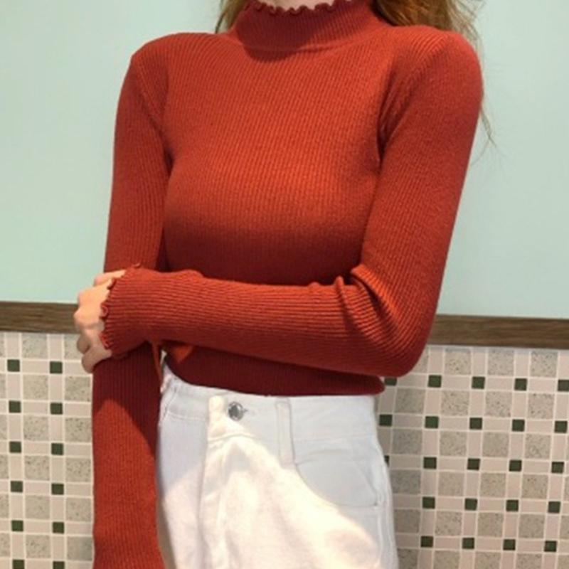 Женский дизайн выреза горловины Свитер с полувысокой горловиной Вязаный свитер Теплый Однотонный С рюшами Эластичный Пуловер Трикотаж Базовые женские топы Свитер с длинными рукавами