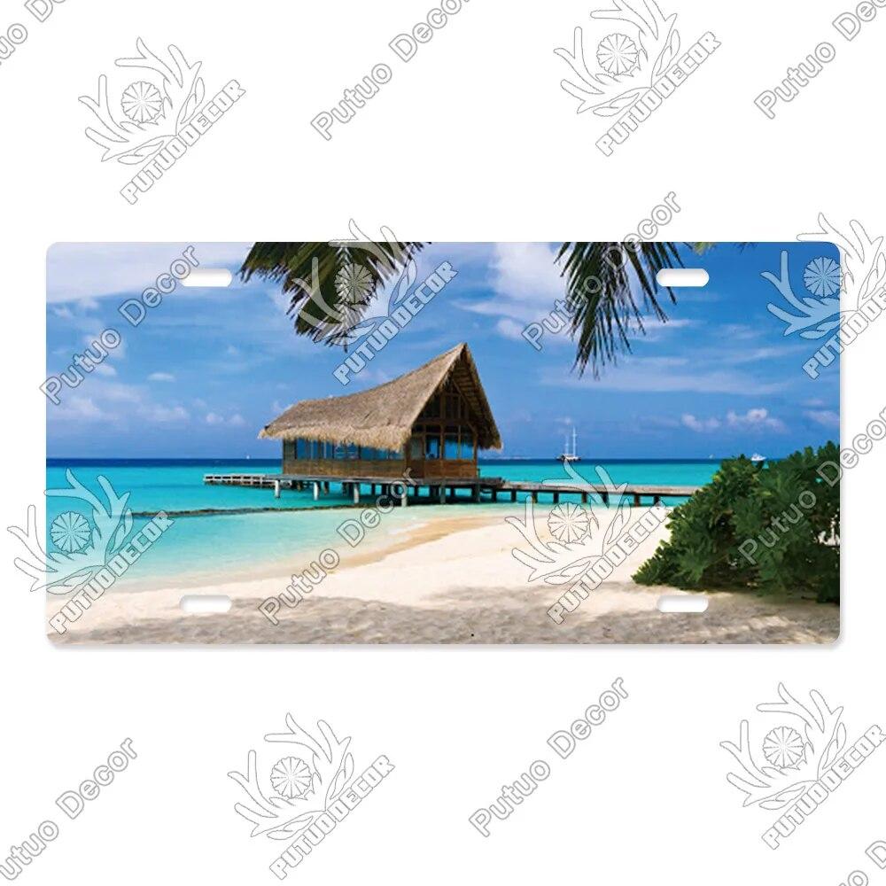 Putuo Decor Beach Licenses Plate Vintage Tin Sign Plaque Metal Car Plate for Living Room Door House Home Wall Art Decor