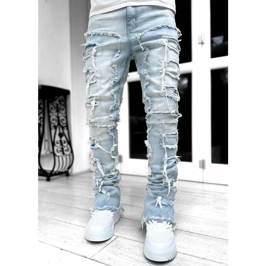 GLYDE Casual Distressed Men's Jeans Tassels Patchwork Design Vintage Washed Stretch Denim Pants Straight Fashion Streetwear Trousers