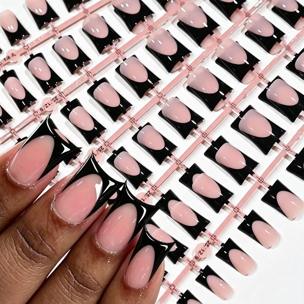 120 Pieces Glossy Black French False Nails Nude Medium French Tip Nails  For Nail Art