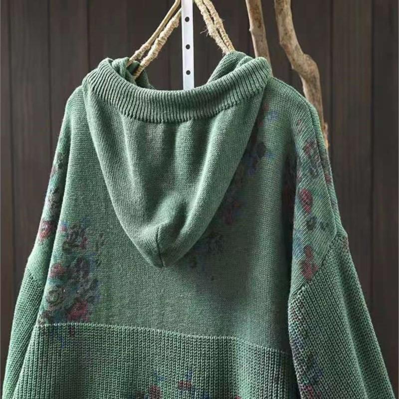 Johnature Женские винтажные вязаные свитера с капюшоном, принтованные цветочные ткани, весенние свободные мягкие свитера с длинным рукавом