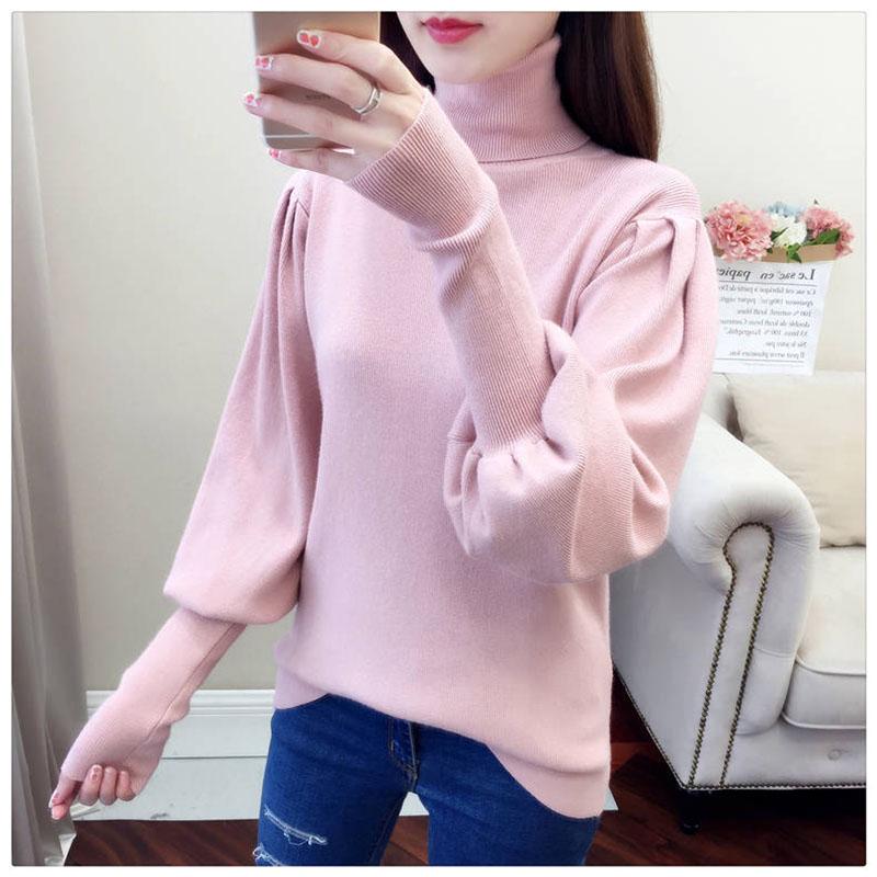 Женский пуловер с высоким воротником, свитер, теплый зимний свободный вязаный джемпер с рукавами-фонариками больших размеров