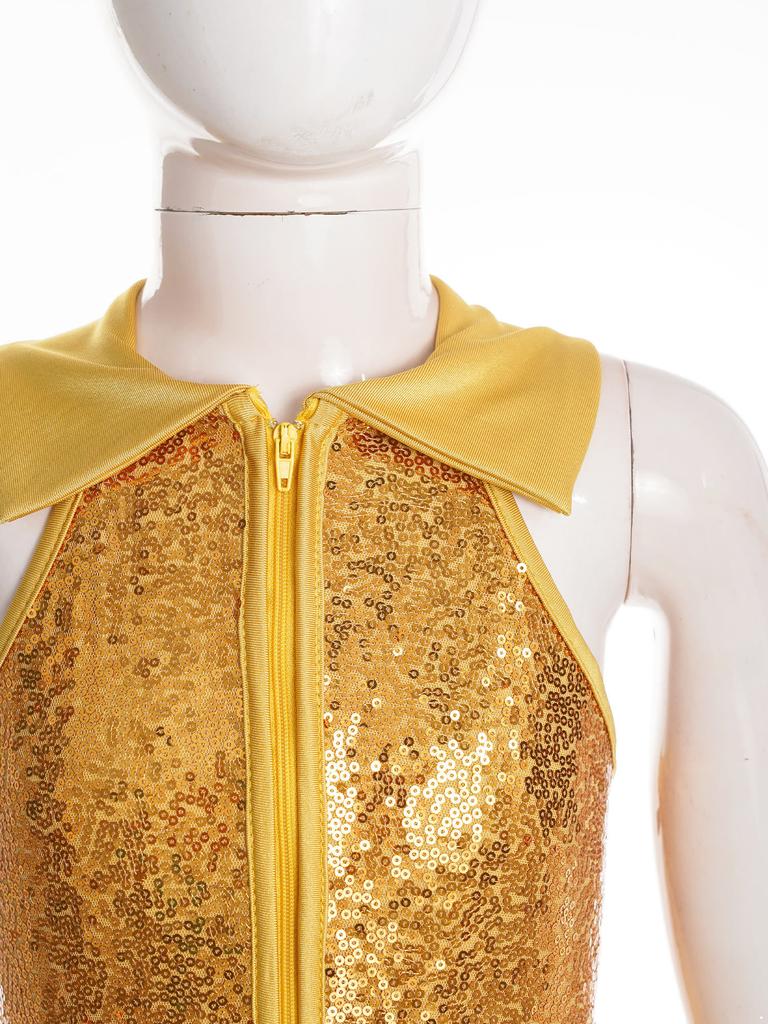 Girls Sleeveless Turndown Collar Shiny Sequins Zipper Closure Tiered Bell Bottom Long Pants Dance Leotards