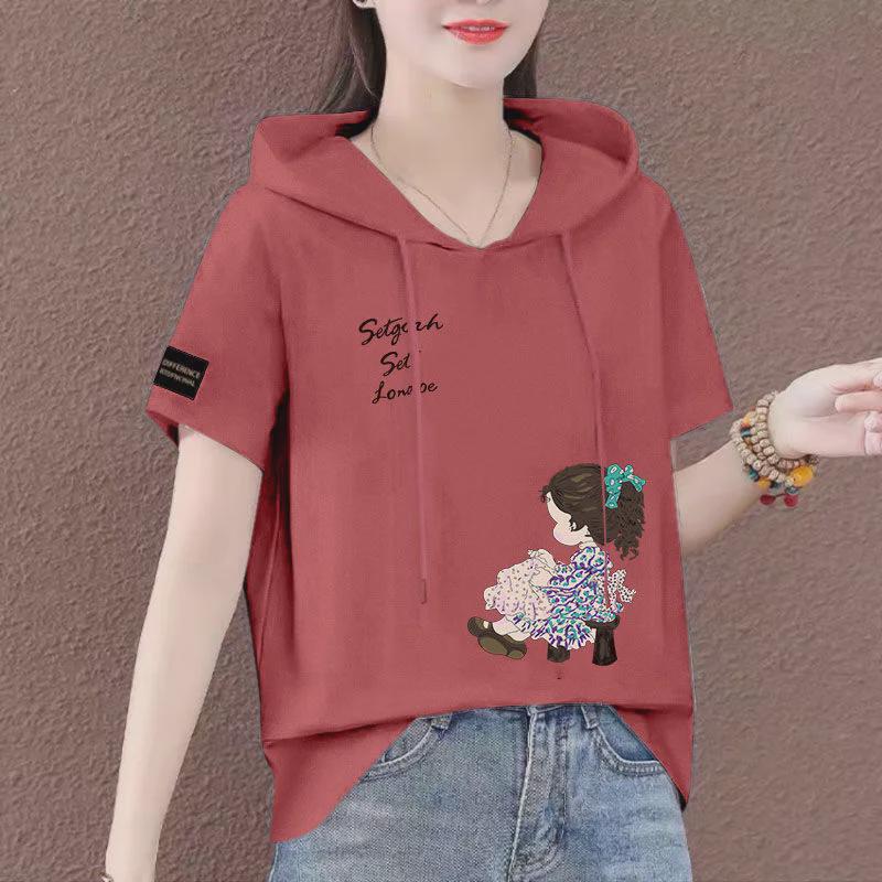 Лето 2025 г. Женская свободная толстовка с коротким рукавом - корейский стиль, модный топ больших размеров