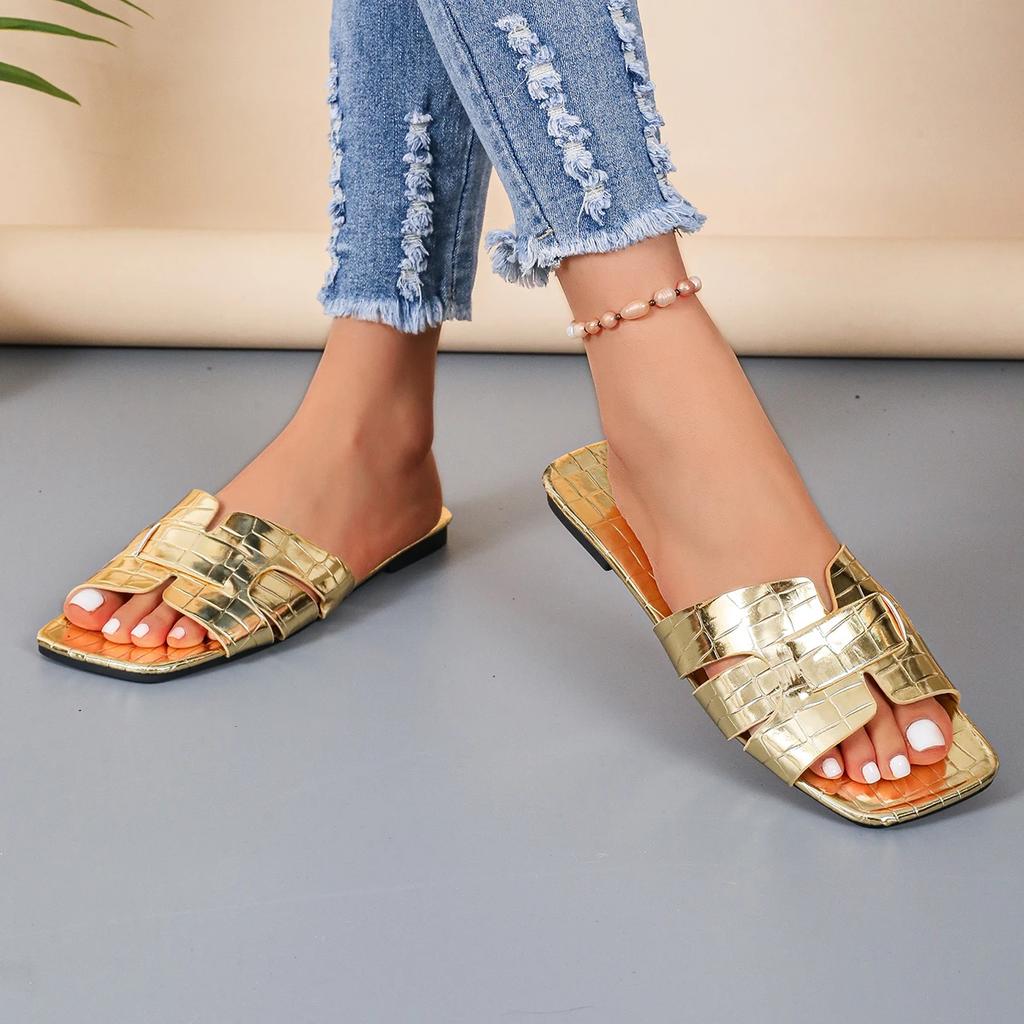 Золотистые открытые туфли на плоской подошве с каблуком, кожаные сандалии, тапочки для ванной, пляжная обувь, удобные сандалии без застежек для женщин