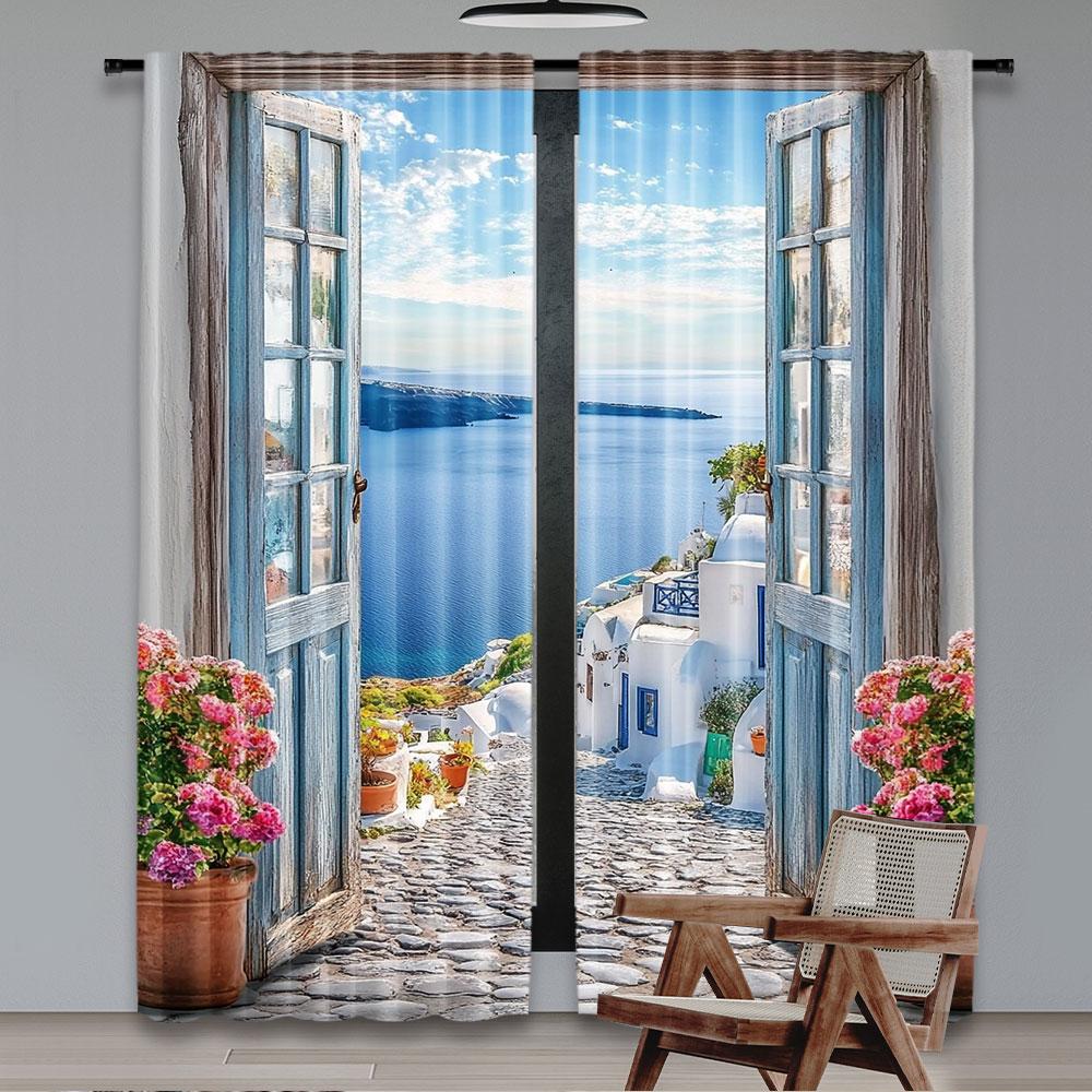 2Pcs Beach Ocean Curtain Landscape Santorini Seaside Coastal European Scenery Rustic Window Drapes Modern Simplistic Curtain