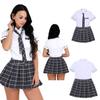 3Pcs Womens Schoolgirl Cosplay Costume School Uniform Short Sleeve Shirt with Plaid Skirt and Tie Set