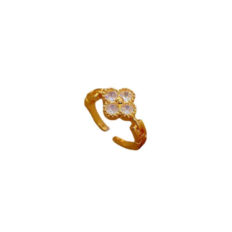 Real Gold Electroplated Open Ring, Women'S Lucky Grass Fashion Ring, Index Finger Ring, The Same Style, Simple And Cold Style