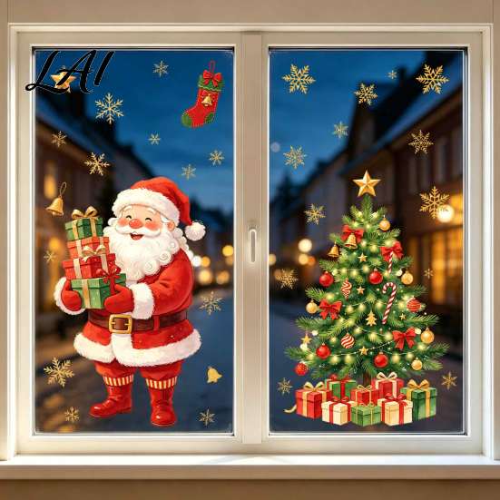 Snowflake Window Decorations Christmas Clings Cute Santa Claus Snowman Xmas Tree Stickers Winter Home Decor PVC Static Glass Decal for Living Room,