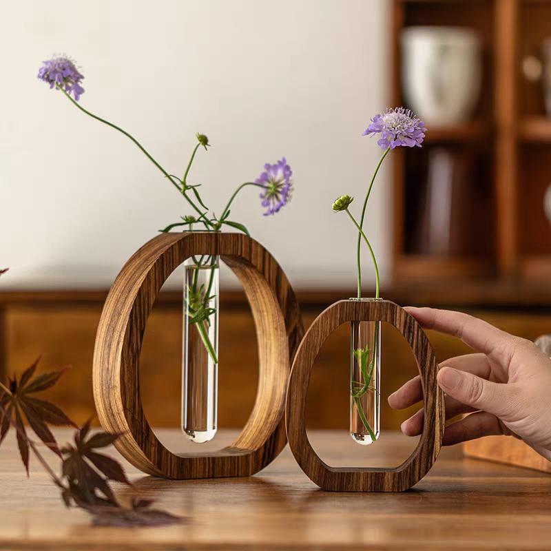 Walnut Wood Chinese-Style Solid Wood Flower Vase Desktop Glass Mini Hydroponic Flower Holder Luxury-inspired Elegant Decorative