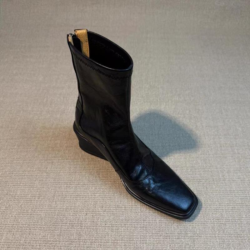 Square Toe Women Ankle Boots Wedges Leather Shoes Fad Mid Heels Chelsea Winter 2025 Trend Goth Office Shoes Retro Botas Mujer