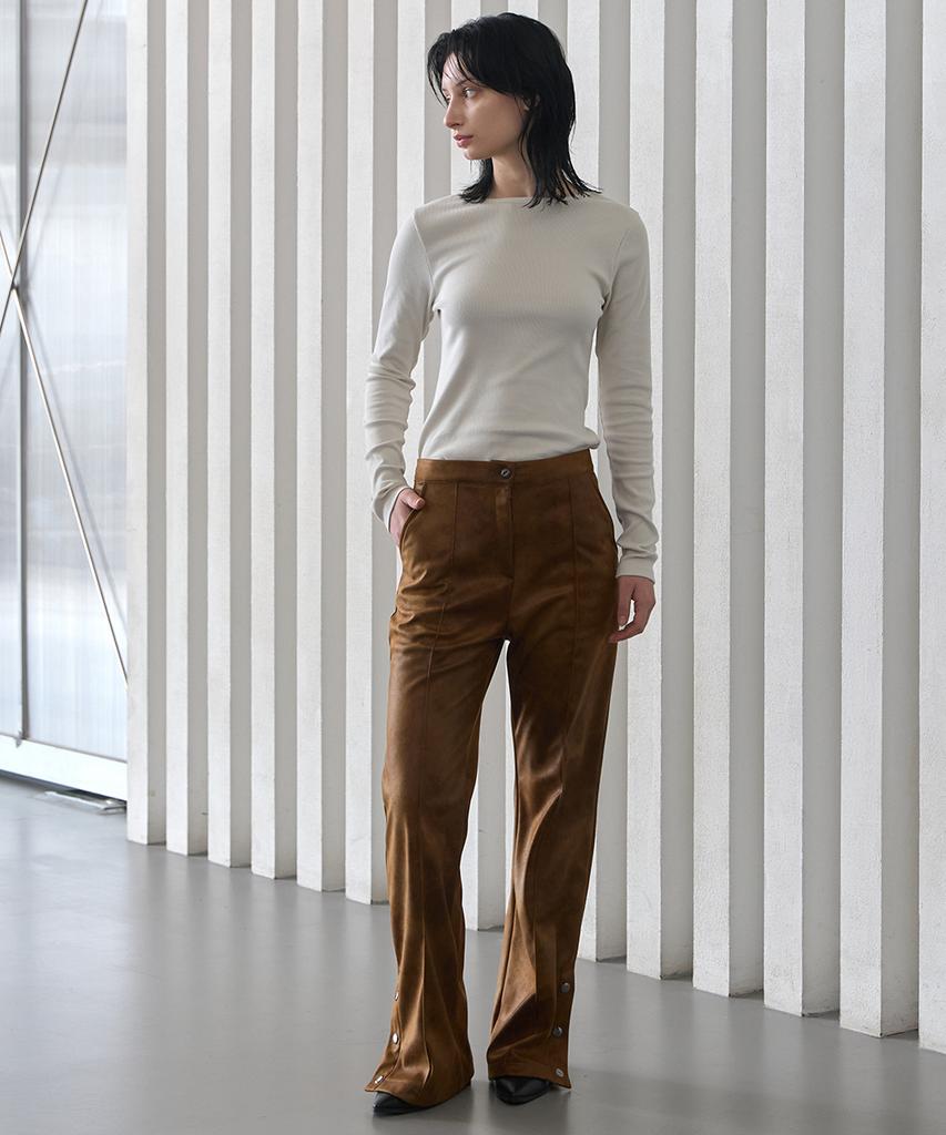 320 Showroom Faux Leather Side Slit Button Elastic Fleece-Lined Bootcut Pants Brown