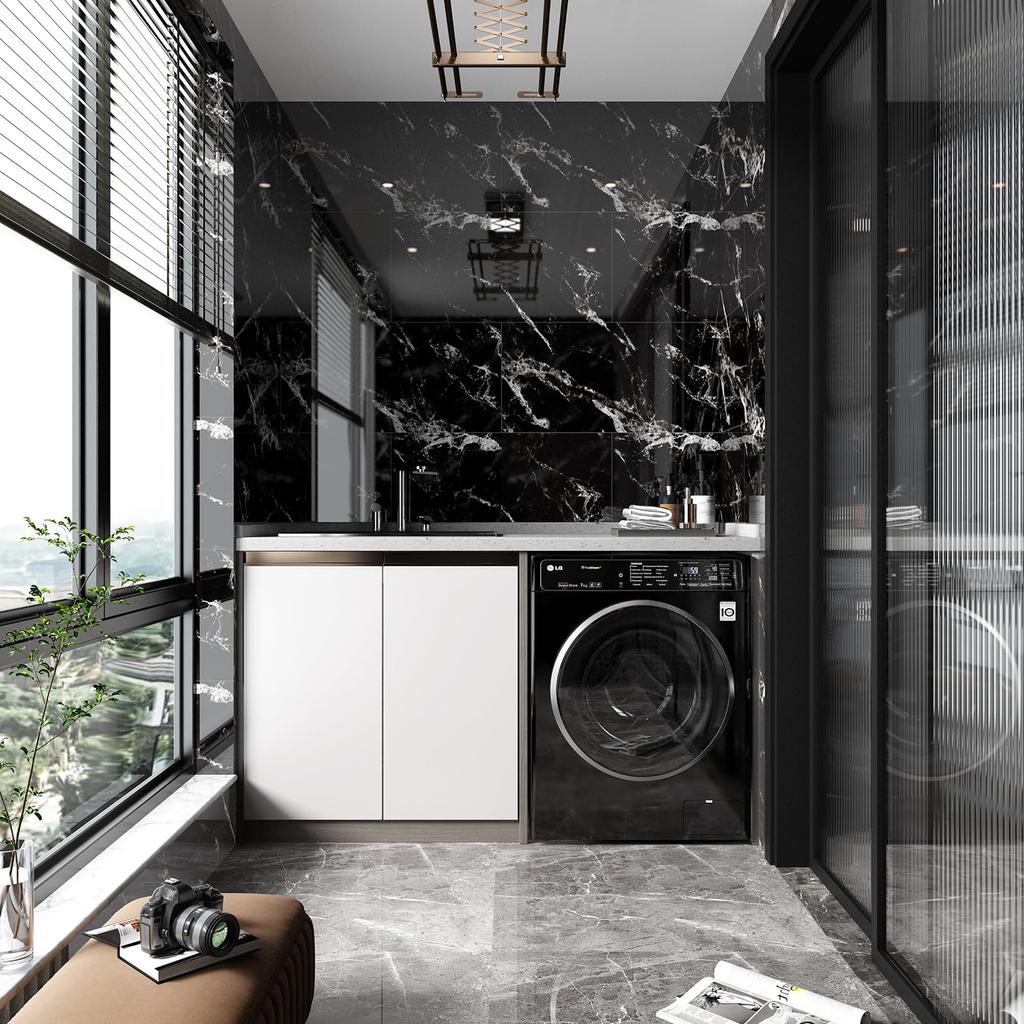 LVSHI Fake Tile Sticker Wallpaper Waterproof Marble Style Panel Removable Remake Sheet Stone Look Black Glossy Thick 30cm X 60cm Kitchen Washroom Tile