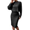 2 Pcs/Set Women Top Dress Suit Mock Collar Thread Long Sleeve Sweater V Neck Sheath Slim