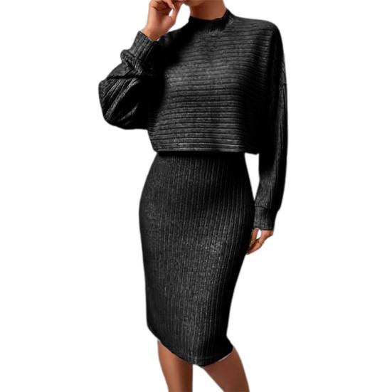 2 Pcs/Set Women Top Dress Suit Mock Collar Thread Long Sleeve Sweater V Neck Sheath Slim