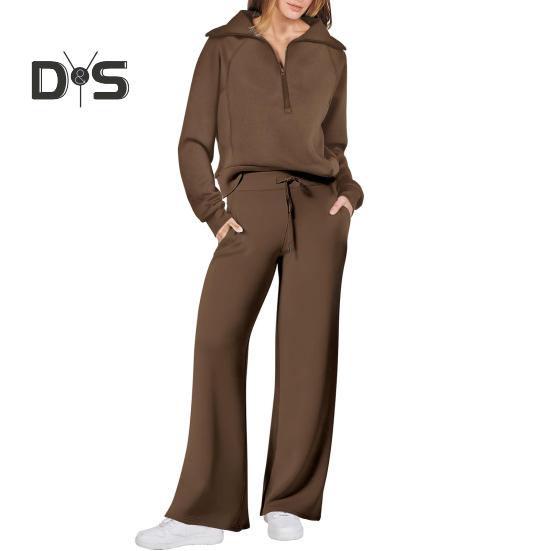 2 Pcs/Set Fall Winter Coat Trouser Suit Lapel Solid Color Thick Loose Solid Color Zipper Decor Long Sleeve Wide Leg Drawstring Elastic Waist Lady
